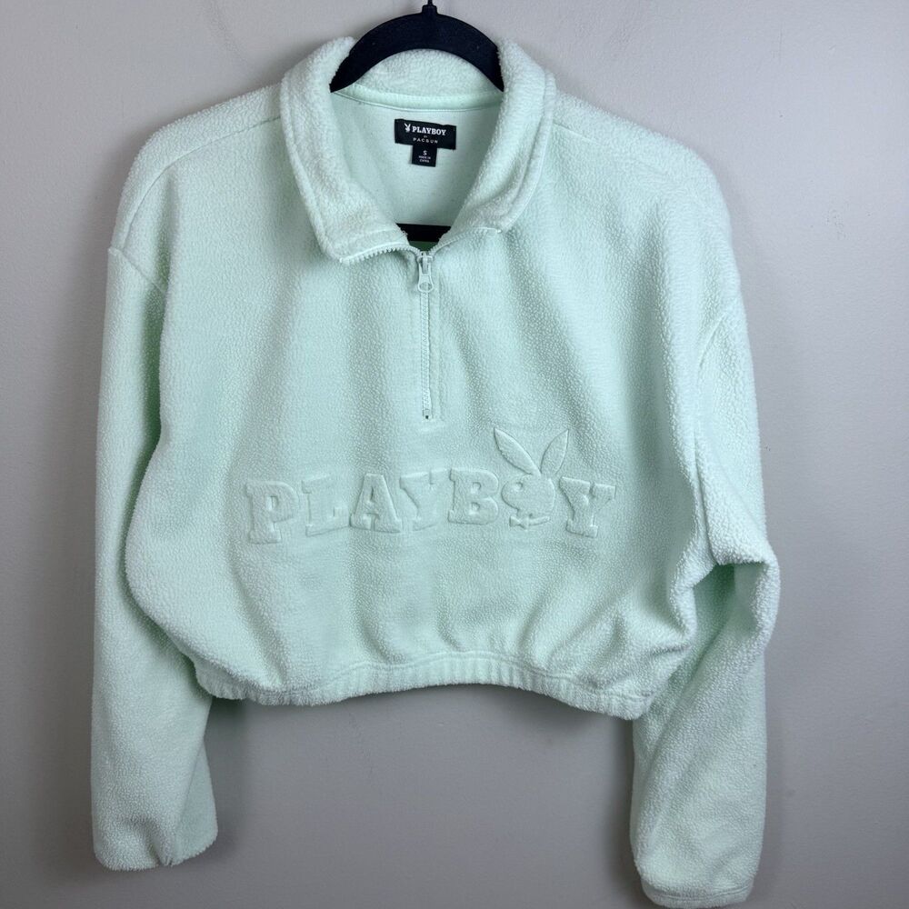 PacSun Playboy Sweatshirt Fleece Quarter Zip Pullover Womens Small Green Seafoam